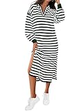 MASCOMODA Womens Fall Dresses 2024 Striped Sweater Dress Casual Long Sleeve V Neck Collared Loose Side Slit Knit Midi Dress(Army Green,Small)