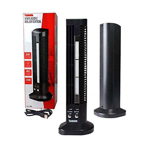 Mini Ventilador e Abajur Base Vertical MLF-002 Tomate USB Torre Led 2 Velocidades Preto