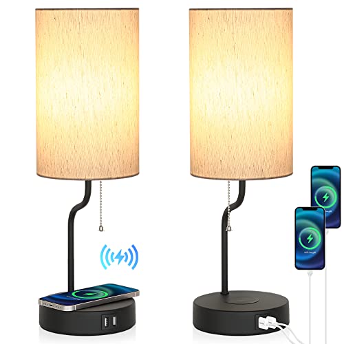 Wireless Charging Bedside Lamps With 2 Usb Ports, Set Of 2 Table Lamps For Bedroom, Modern Nightstand Lamps, Desk Lamps With E26 Socket Round Fabric Lampshade For Living Room Office Reading Working #TOP27