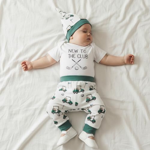 Summffie Newborn Baby Boy Golf Outfit Short Sleeve New To The Club Romper Onesie Pants Hat 3Pcs Cute Infant Summer Clothes (Golf Cart and Letter Print White, 0-3 Months)