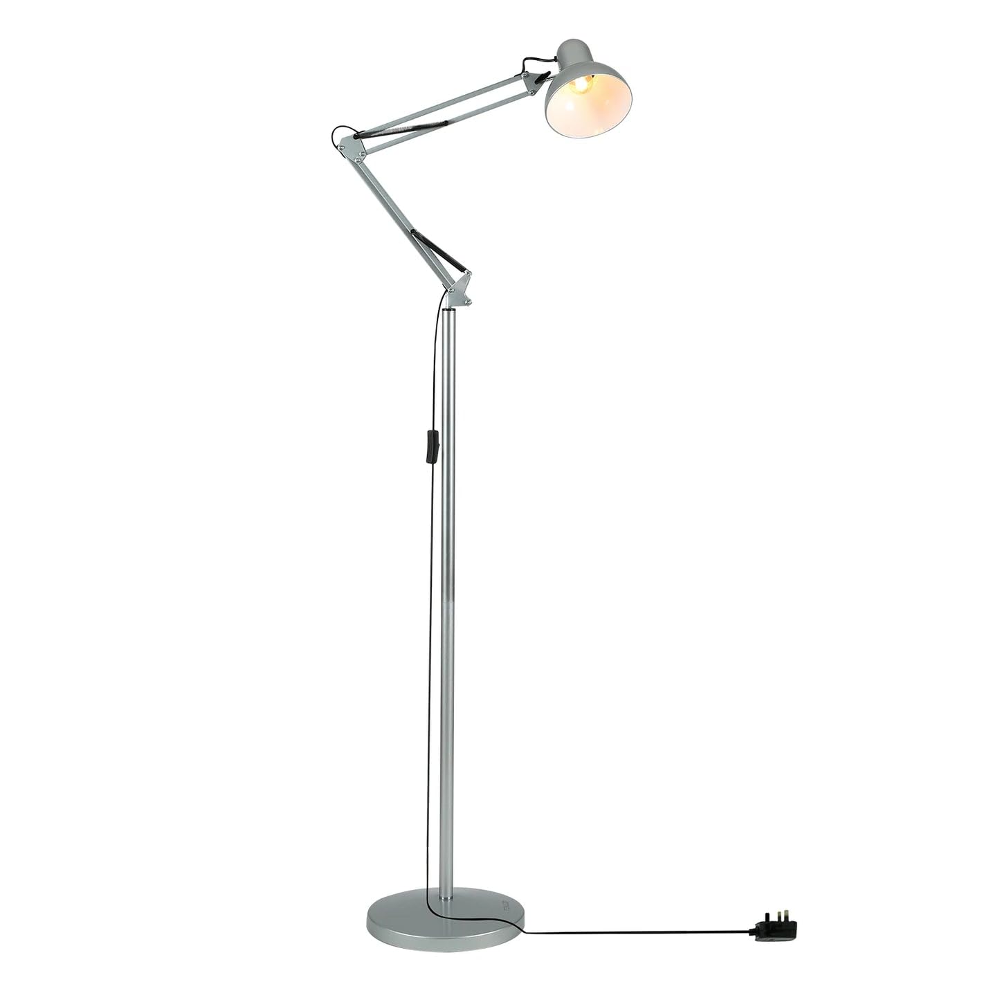 TEKLED Swing Arm Floor Lamp, Silver, Modern Architect Standing Light with Rotatable Head, E27 Edison Screw Base, 186cm Tall, Stylish Design for Living Room, Office and Studio (Bulb Not Included)