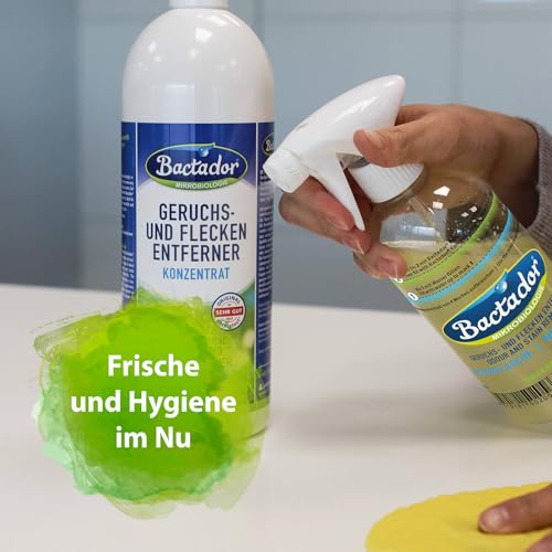 Bactador Konzentrat 1L inkl. Mischflasche - Enzymreiniger - Geruchsentferner & Fleckenentferner - Ergibt bis zu 50 Liter - Mikrobiologischer Geruchsneutralisierer - Hunde/Katzenurin Entferner