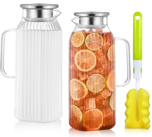 2L/68oz striped glass pitcher with lid and handle