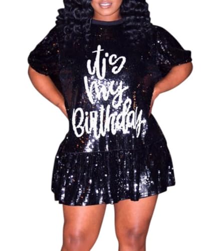 iXubem Womens Sequins It's My Birthday Mini Dresses Sexy Ruffle Short Sleeve Party Cocktail Clubwear Short Dresses A Black : Clothing, Shoes & Jewelry