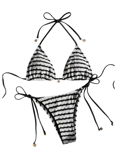 SOLY HUX Women's Striped Swimsuit Halter Triangle String Bikini Set Tie Side Two Piece Bathing Suit