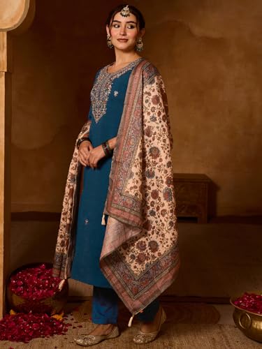 Image of Naixa Women's Silk Embroidery Straight Kurta with Pant | Cream Chanderi Cotton Printed Dupatta Set | 3 /4 Sleeve | Round Neck | Festive | Ethnic Wear (Available in Plus Size)