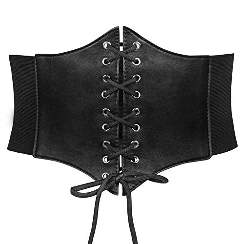 JASGOOD Womens Elastic Costume Waist Belt Lace-up Tied Waspie Corset Belts for Women Black Fits Waist 27-30 Inches