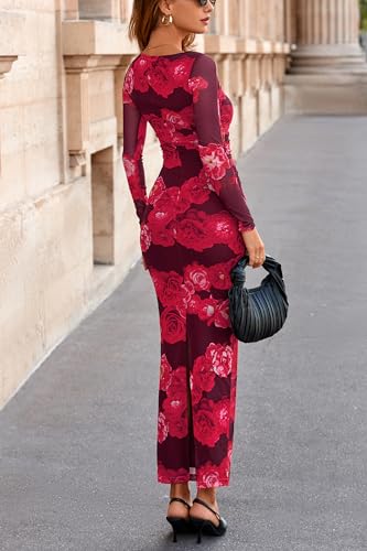 Image of PRETTYGARDEN Women's Long Sleeve Bodycon Dresses 2026 Spring Sexy Floral Mesh Slit Ruched Tight Maxi Wedding Guest Dress