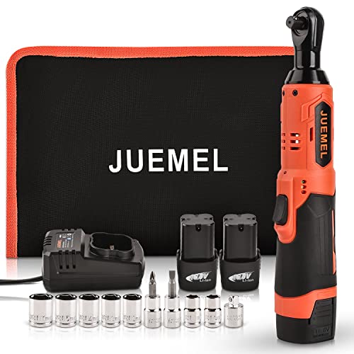 16.8V Cordless Electric Ratchet Wrench Set with 2 Batteries, JUEMEL 3/8' Power Ratchet Wrench 46 N·m 400 RPM Variable Speed, Fast Charger, 7 Sockets, 2 Screwdrivers and 1/4' Adapter