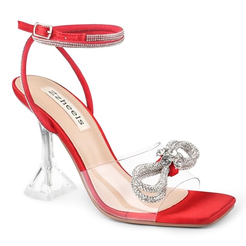 Image of Zzheels Double Bowknots Crystal Clear Heels Strappy Sandals | Clear Slingback Heels, Sparkly Rhinesotne Bow, Square Toe, Party, Dating