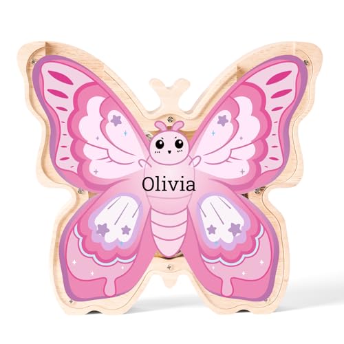 Image of Wooden Pink Butterfly Piggy Banks for Kids | Custom Wooden Pink Butterfly Coin Bank with Name, Money Jar, Educational Toy, Easter & Birthday Gift for Boys Girls