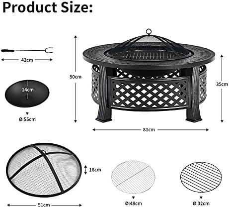 COSTWAY Outdoor Fire Pit, 3 in 1 Barbecue Table Brazier with BBQ Grill Shelf, Log Poker and Waterproof Cover, Garden Patio Heater/BBQ/Ice Pit (Round: 81 x 81 x 50cm, Black)