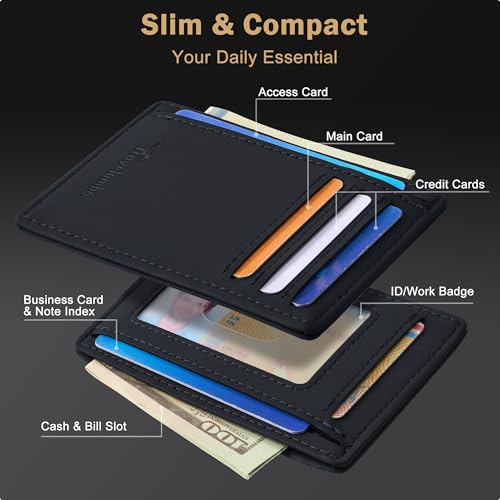 Image of Travelambo Slim Wallet Front Pocket Minimalist Leather RFID Blocking Medium Size(Edge-Finished Black)