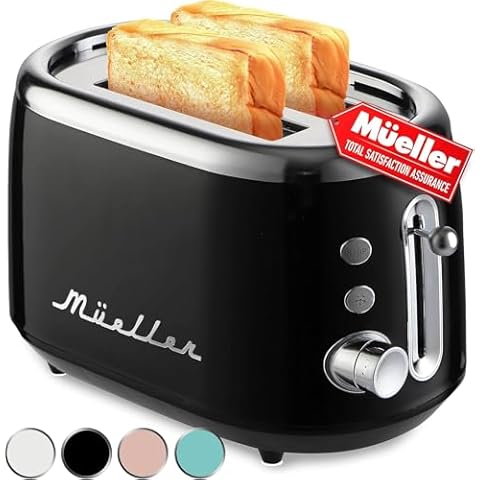 MÜELLERHOME Retro Toaster 2 Slice, 7 Browning Levels, 3 Functions (Reheat, Defrost, Cancel), Removable Crumb Tray, Under Base Cord Storage, Black Cover