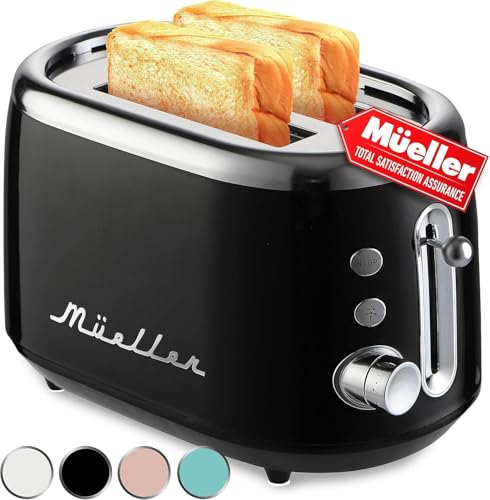MUELLERHOME Retro Toaster 2 Slice 7 Browning Levels 3 Functions Reheat Defrost Cancel Removable Crumb Tray Under Base Cord Storage Black