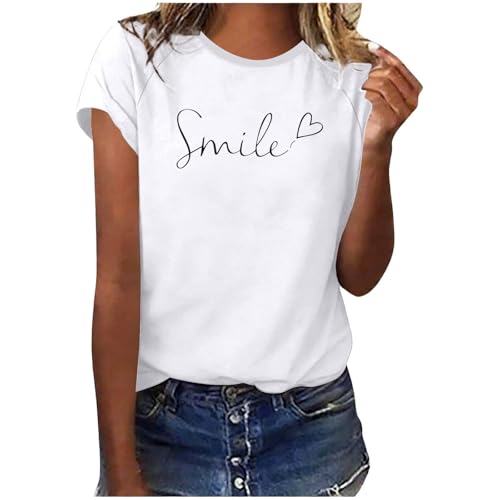Tee Shirt Long Femme - Léger Respirantes Imprimé T-Shirts Classique Manches Courtes Ete Top Élégante Décontracté Tshirts Lâche Souple Tee-Shirt Col Rond Sport Haut Femme Manches,Blanc,L