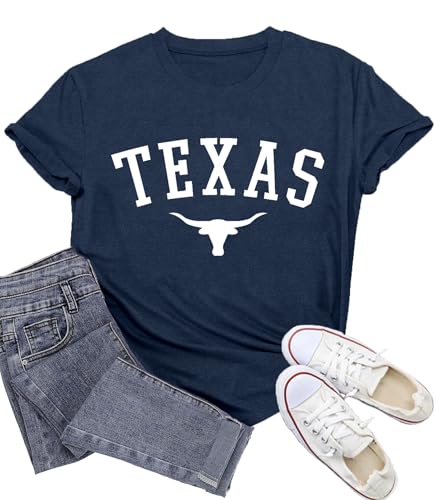 Potia Texas Shirts for Women Texas State Longhorn T-Shirt Casual Texans Pride Cowgirl Tee Tops Blue