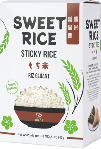 Soeos Sweet Sticky Rice 2lbs, Premium Glutinous Rice, All Natural Gluten Free Sticky Rice for Desserts or Rice Cakes, Rich in Fibers