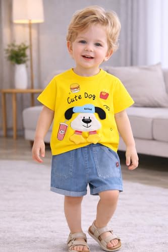 Image of Bold N Elegant Half Sleeve Pure Cotton Baby Boy Girl 3D Cartoon Smiley Animals T-Shirt with Denim Shorts Smart Casual Outfit for Infant Toddler Kids Upto 5 Years