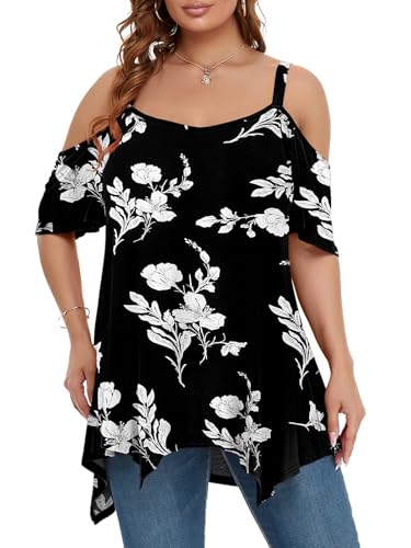 Image of LARACE Cold Shoulder Tops for Womens Summer Clothes Spaghetti Strape Tunic Oversized Shirts Asymmetrical Plus Size Blouse
