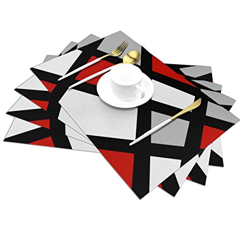 Hamiltonna Woven Vinyl Placemats For Dining Table Set Of 6 Pvc Place Mats Heat Insulation Tablemats Table Mats (6 Pcs, Red Gray Black White Geometric Square) #TOP1