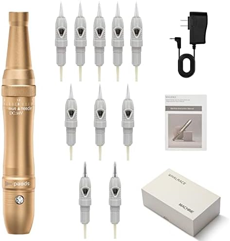 Whalrace PMU Machine with Stepless Speed Regulation Design, Permanent makeup machine with 10pcs Tattoo Cartridge Needles, Tattoo Machine Kit for Eyebrow, Eyeliners, Lips Tinting - Gold
