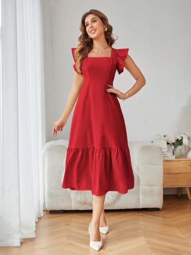 Image of Shasmi Girl's & Women's Solid Color Square Neck, Ruffle-Trimmed Hem Sleeveless, Ruffle Armhole and Casual Dress with Cinched Waist Vacation Outfits Woman (Dress 162)