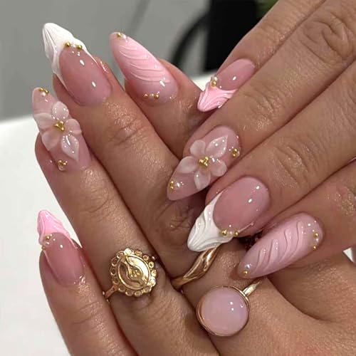 Pink French Tip Press on Nails Medium Almond Fake Nails with 3D F...