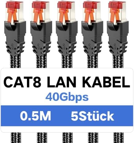 5 Stück CAT 8 Lan Kabel 0.5m,40Gbps Hochgeschwindigkeits mit RJ45 Stecker | Blitzschnelles 40Gbps 2000MHz,Flüssig und ohne Ruckeln,Flaches Design, Extrem Robust für PS5/4 Router Sw