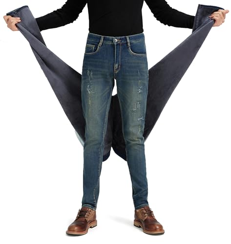 ziilay Pantalones vaqueros térmicos para hombre con forro polar, pantalones de invierno rasgados, vaqueros destruidos, otoño e invierno, 801h azul (parches), 31W / 32L