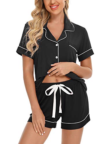 Senert Womens Pajamas Set Short Sleeve Sleepwear Button Down Nightwear Two-Piece Pj Sets Black,Medium