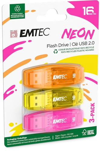 Pratico e intuitivo EMTEC Lotto di 3 Clés USB 2.0 C410 Neon - 16Go (Arancione/Giallo/Rosa)
