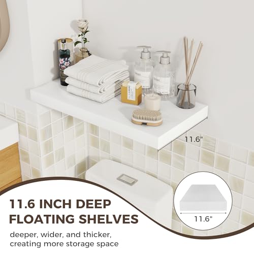 Image of Fun Memories 24 x 12 Inch Deep Floating Shelves, 12 Inch Deep Rustic Wooden Book Shelf, Extra Deeper & Thicker Hanging Shelves for Living Room, Bathroom, Bedroom, Kitchen, Office, Set of 2 (White)