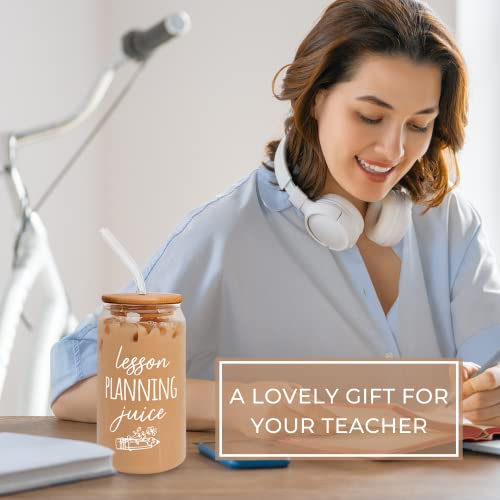 Teacher Appreciation Gifts - Birthday, Valentines, Back To School, Thank You Gifts for Teachers Women - Preschool Daycare Teaching Glass Cup with Lid, Straw & Brush for Women - 16 Oz Can Glass - Image 5