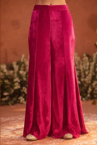 Image of FIORRA Women Rani Pink Ice Velvet Embroidered Kurta Set with Dupatta