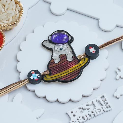 Image of eCraftIndia Cute Cartoon Style Astronaut Rakhi for Kids Girls Boys with Best Bro Ever Fridge Magnet | Raksha Bandhan Kids Rakhi for Brother Bhaiya Bhai | Roli Chawal Pack