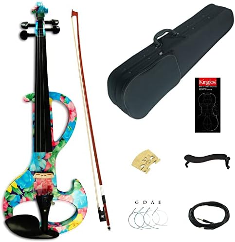 Kinglos 4/4 Blue Pink Flower Colored Solid Wood Intermediate-A Electric/Silent Violin Kit with Ebony Fittings Full Size (DSZA1002)