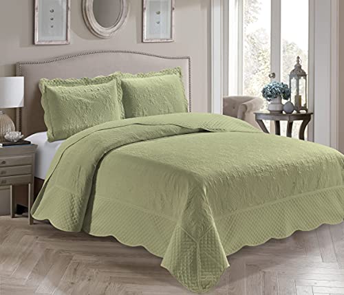 Home Collection 3 Piece Over Size Embossed Solid Color Coverlet Bedspread New # Veronica (Sage...