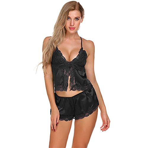 Pyjama satin femme avec top et short en dentelle pour la nuit