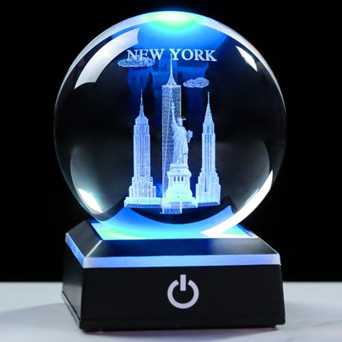 Enjinkail 3D Crystal Ball New York City Snow Globe Statue of Liberty Souvenir Empire State Building Gifts for Women Men Adults with LED Base Night Light Decor Glass NYC Figurines Globe for Christmas