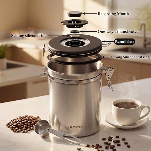 Image of AXEON Airtight Stainless Steel Coffee Canister with Scoop Spoon - 1800 ml | Coffee Bean Storage Container for Loose Leaf Tea, Coffee Beans | Storage Container with Exhaust Valve & Date Tracker