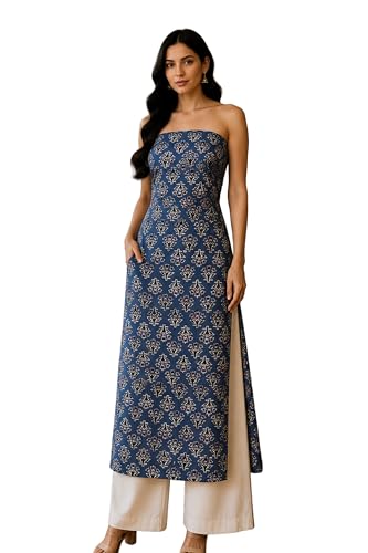 Image of Ethnics of Kutch Womens's Ajrakh Modal Silk Natural Dye Hand Block Print Unstitched Kurta Fabric