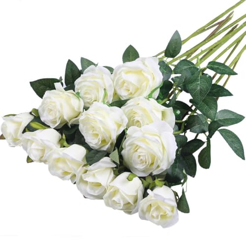 XoeLLe 12 Pièces Rose Artificielle, 51 cm Fleurs Artificielles Deco, Rose Eternelle, Réalistes Fleur Sechees Decoration, Decoration Voiture Mariage, pour Mariage, Maison, Bouquets de Mariée (Blanc)