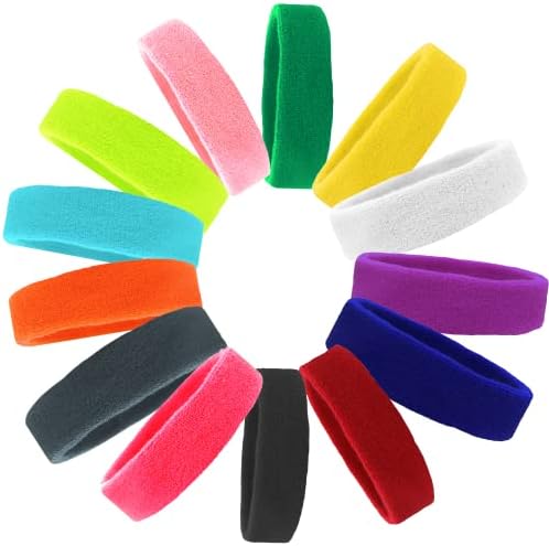 Sweatbands Cotton Sports Headbands - Soft and Stretchy 2" Terry Cloth Moisture Wicking Solid Color Athletic Headband (Available in Lots of Pack Quantities) by Kenz Laurenz (12 Pack)