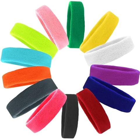 Kenz Laurenz Sweatbands Cotton Sports Headbands - Soft and Stretchy 2" Terry Cloth Moisture Wicking Solid Color Athletic Headband (Available in Lots of Pack Quantities) (12 Pack) Cover