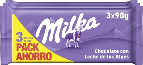 Milka Chocolate con Leche, Pack Ahorro 3 Tabletas, 90g | Tableta Milka de chocolate con leche de los Alpes, para disfrutar en cualquier momento del día