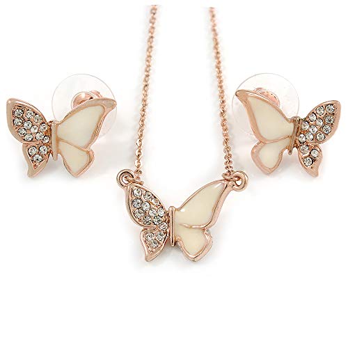 Colgante de mariposa esmaltada con cristales y pendientes de tuerca en oro rosa