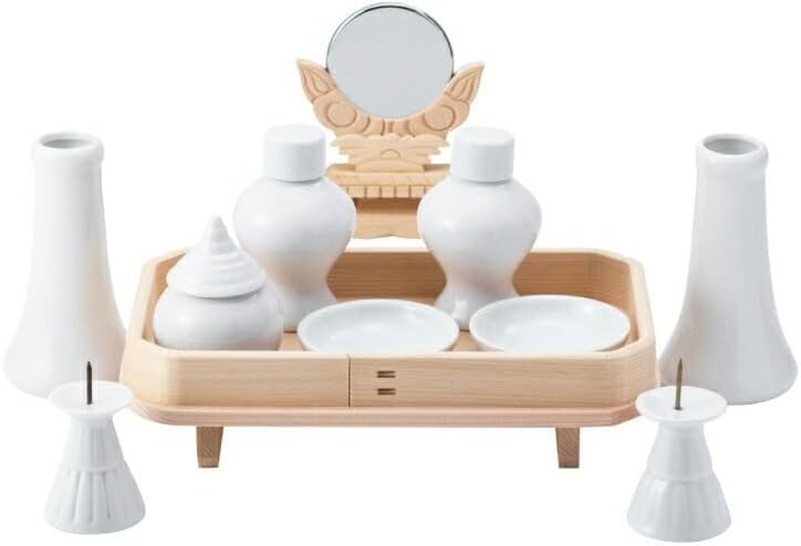 神具 中 11点セット 長三宝 神鏡 皿 水玉 瓶子 榊立て ローソク立て 陶器 お供え お祀り 神具一式 神棚用 [並行輸入品]