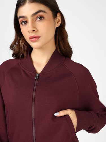 Image of Bewakoof Women's Solid Regular Fit Raglan Sleeve High Neck Polycotton Crop Zipper Sweatshirt