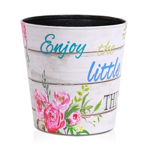 Image of PU Leather Small Trash Can Wastebasket, Round Garbage Container Basket for Bathrooms, Laundry Room, Kitchens, Offices, Kids Rooms, Bedrooms,Dorms,Home Decorative Art Bin, 2.9 Gallon (Little Joy)